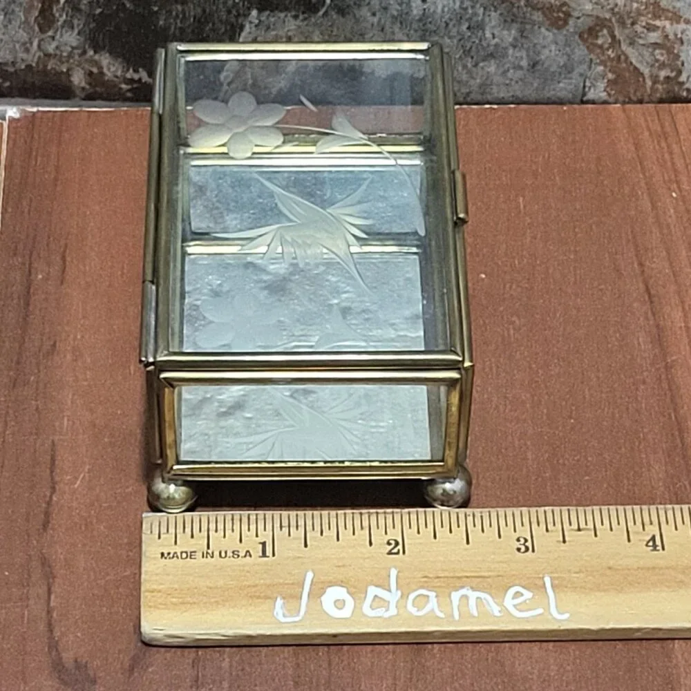 Vintage Trinket Box Hinged Lid Etched Bird Flower Glass Brass Trim Footed Jewelr